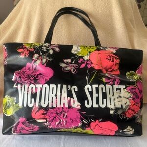 Victoria's Secret Black Floral Tote with Pink & Neon Green Accents